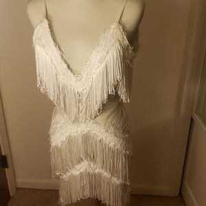 White fringe lace mesh dress